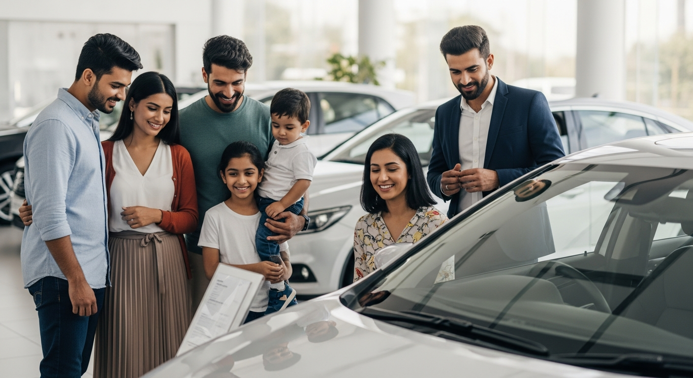 "Diverse Indian buyers admiring a new sedan in a showroom, reflecting the aspirational value of sedans."