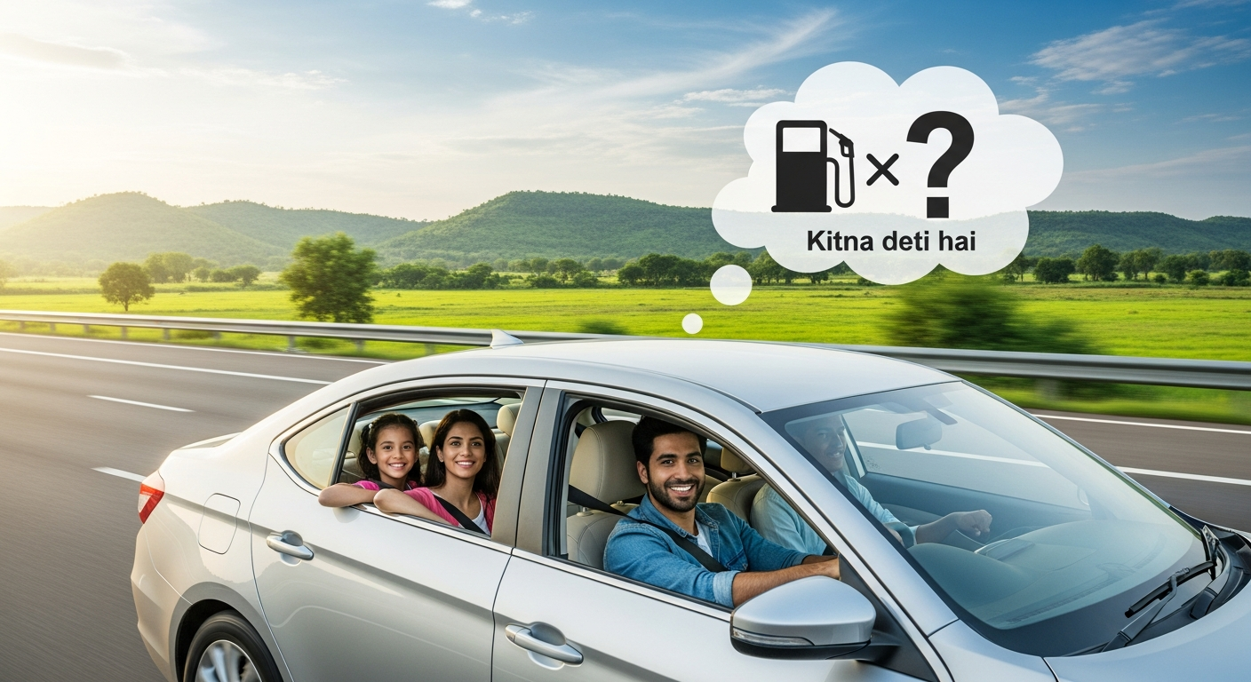 "A family on an Indian road trip, with the driver thinking about car mileage, reflecting the common Indian concern for fuel efficiency."
