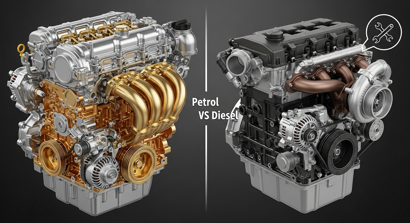 "A visual comparison of a petrol engine and a diesel engine, highlighting their differences in terms of efficiency and power for sedans.".